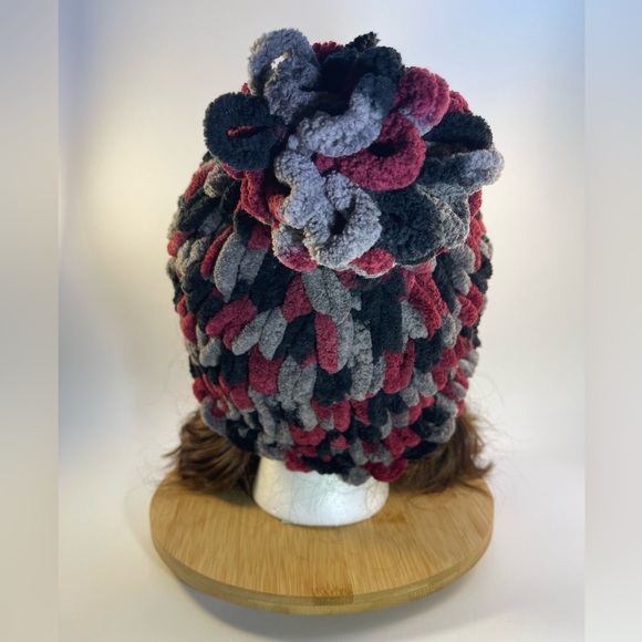 Handmade Kid’s Soft & Cozy Winter Hat With Loopy Pom-Pom - Cranberry/Gray/Black - Picture 6 of 9